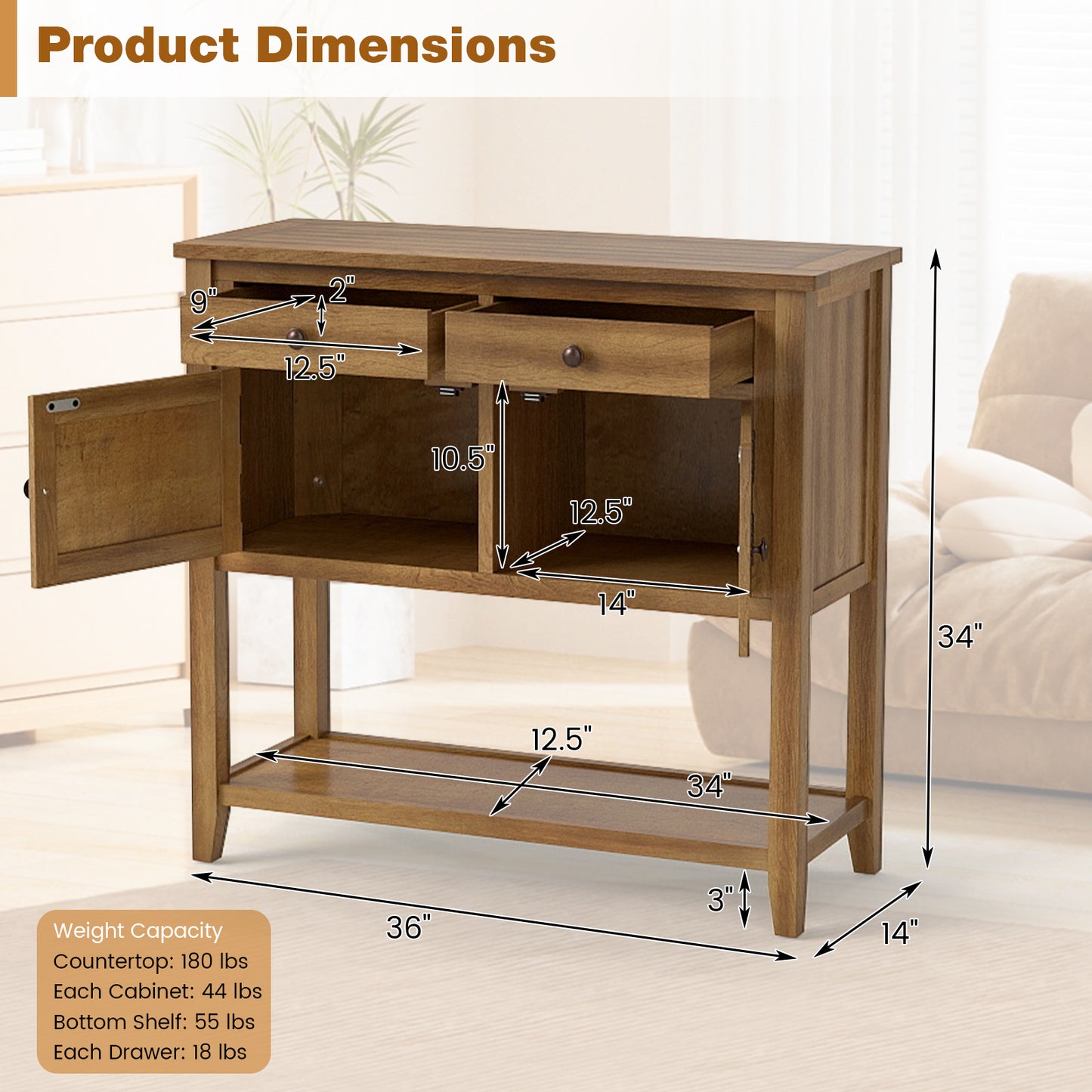 Mid-Century Console Table Wood Coffee Bar Buffet Sideboard with 2 Drawers-Walnut