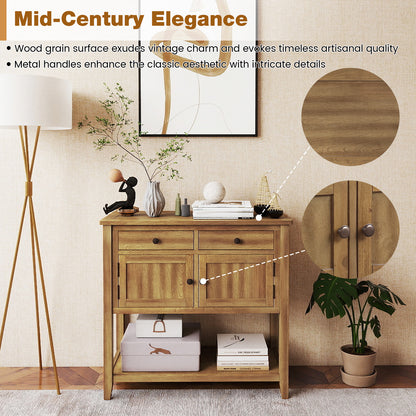 Mid-Century Console Table Wood Coffee Bar Buffet Sideboard with 2 Drawers-Walnut