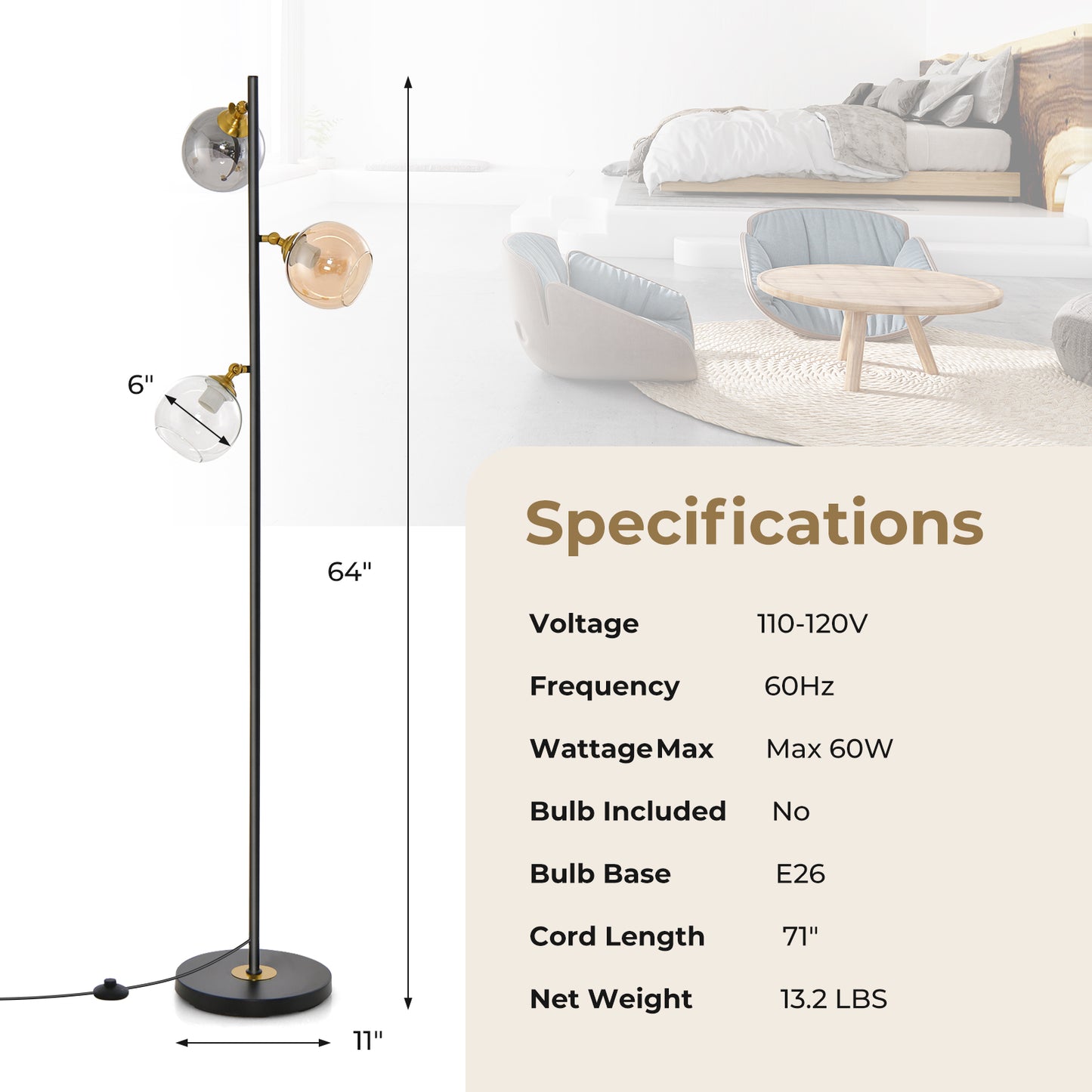 Mid Century Floor Lamp with 3 Glass Globe Lampshades and Weighted Base