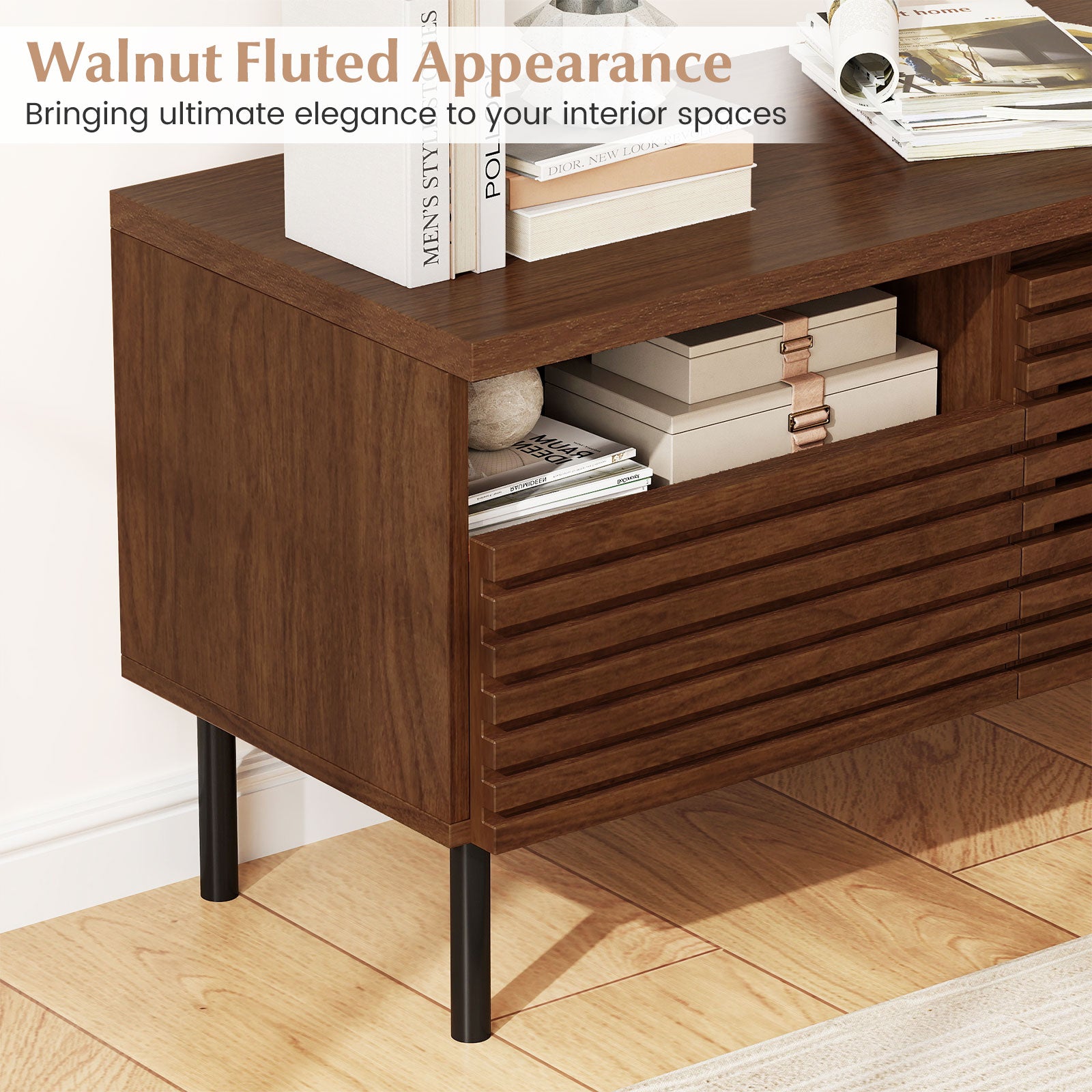 Mid Century Fluted TV Stand for 40 Inch TV Modern Entertainment Center with Open Compartment-Walnut