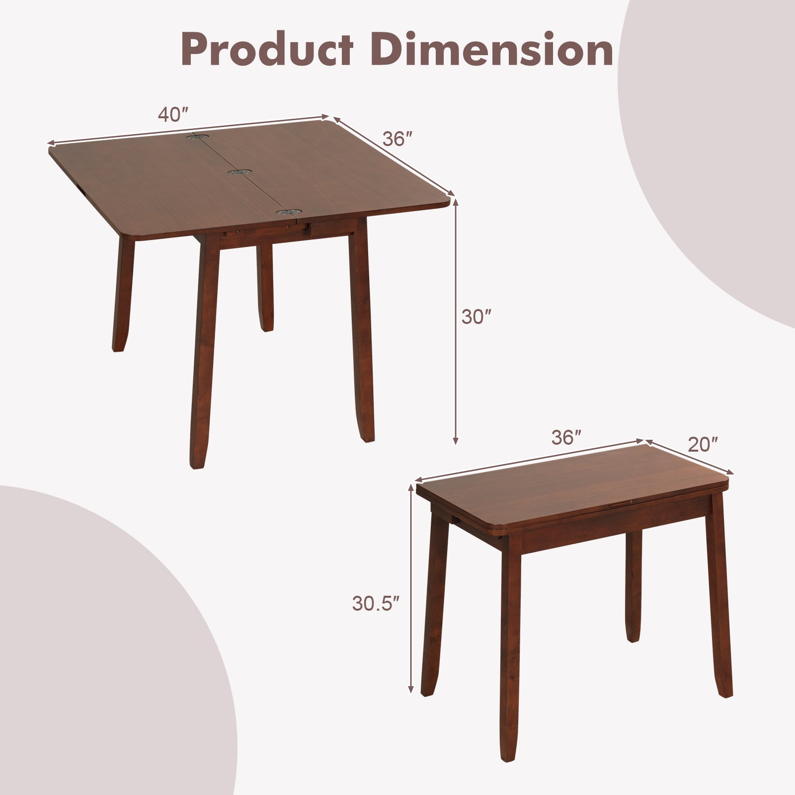 Mid Century Folding Dining Table for 4 People Extendable Kitchen Table with Hidden Storage-Brown
