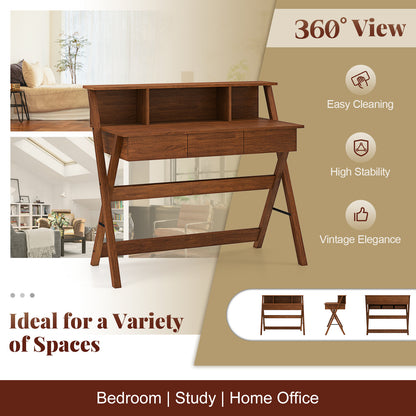 Mid Century Home Office Desk with 3 Storage Drawers and Monitor Stand-Oak
