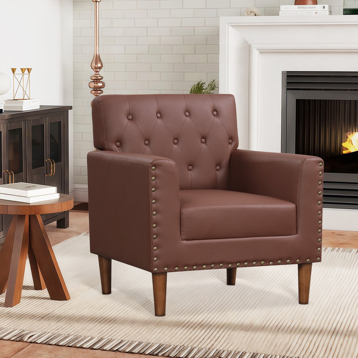 Mid Century Modern Accent Chair with Button Tufted Decoration and Rivets-Brown