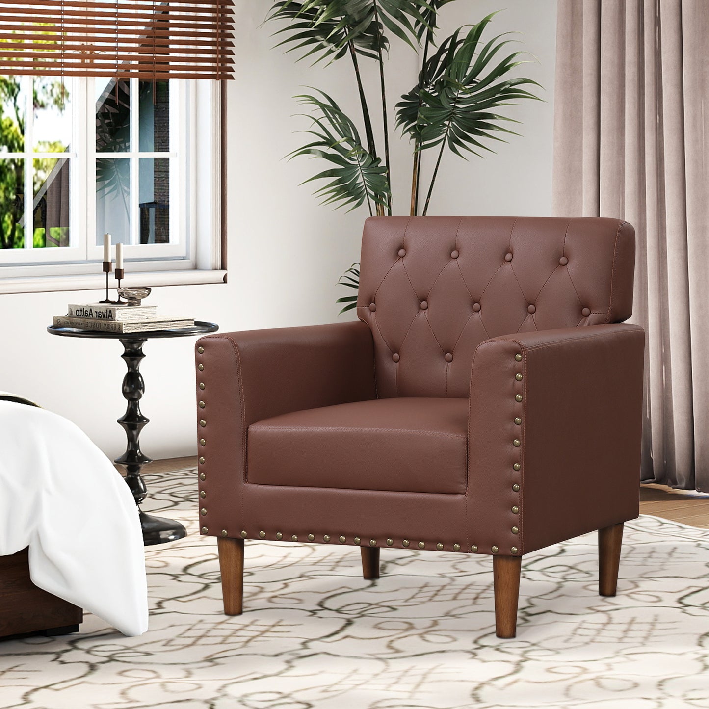 Mid Century Modern Accent Chair with Button Tufted Decoration and Rivets-Brown