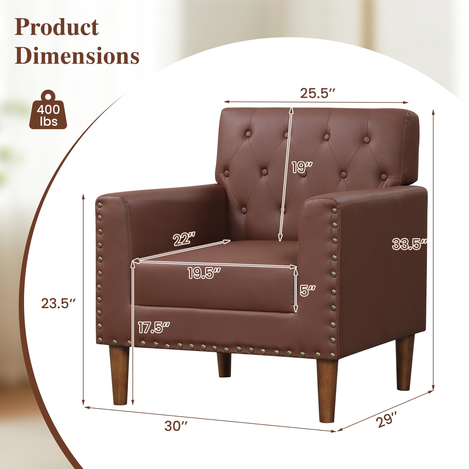 Mid Century Modern Accent Chair with Button Tufted Decoration and Rivets-Brown