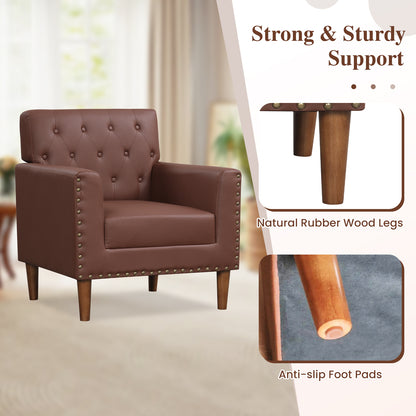 Mid Century Modern Accent Chair with Button Tufted Decoration and Rivets-Brown