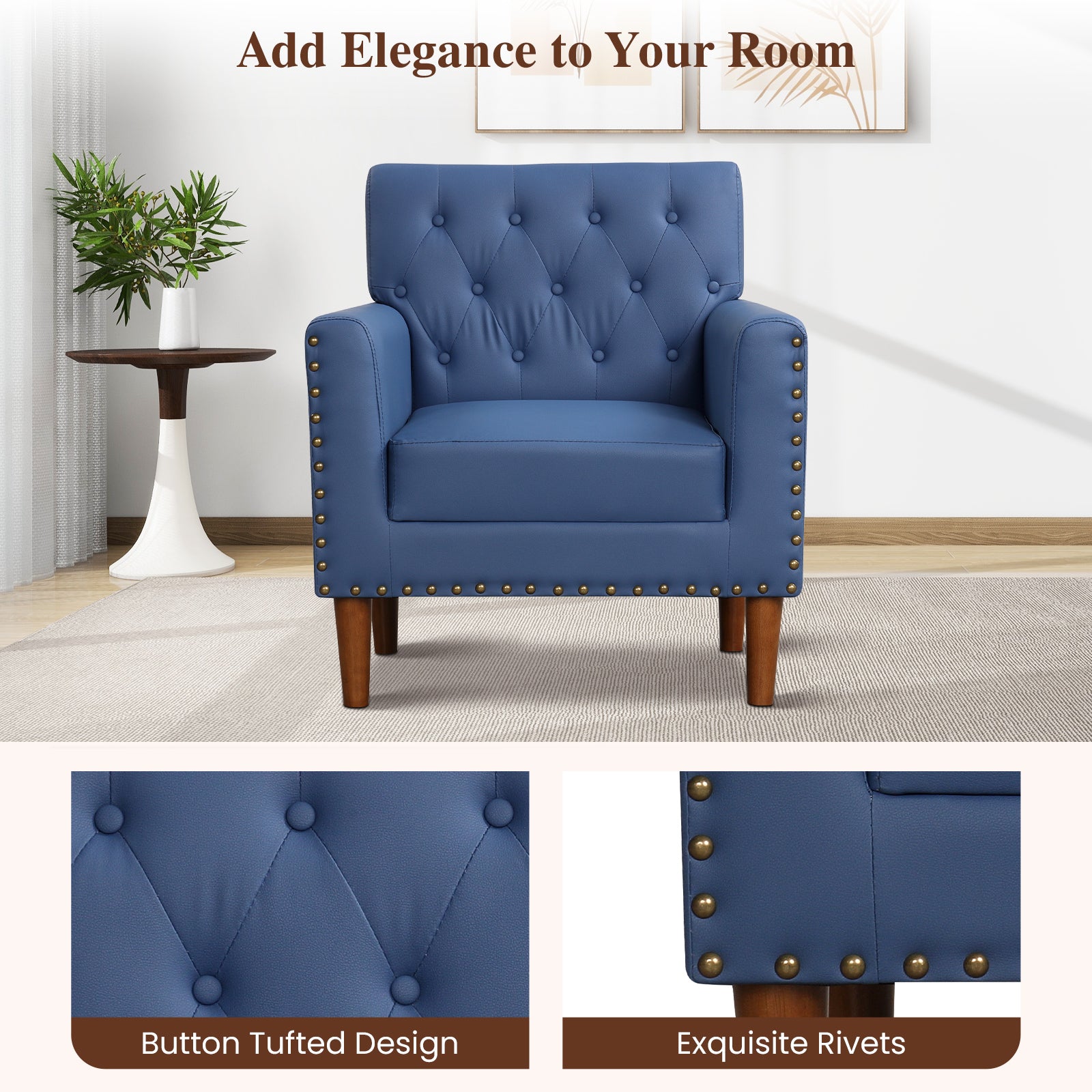 Mid Century Modern Accent Chair with Button Tufted Decoration and Rivets-Blue