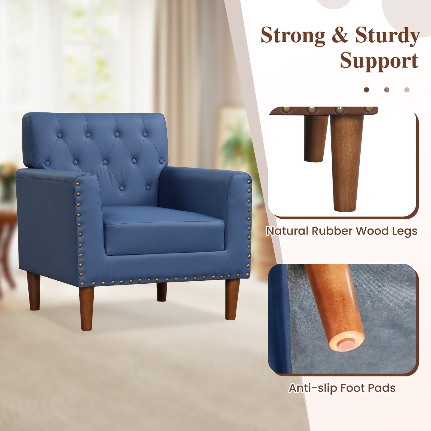 Mid Century Modern Accent Chair with Button Tufted Decoration and Rivets-Blue