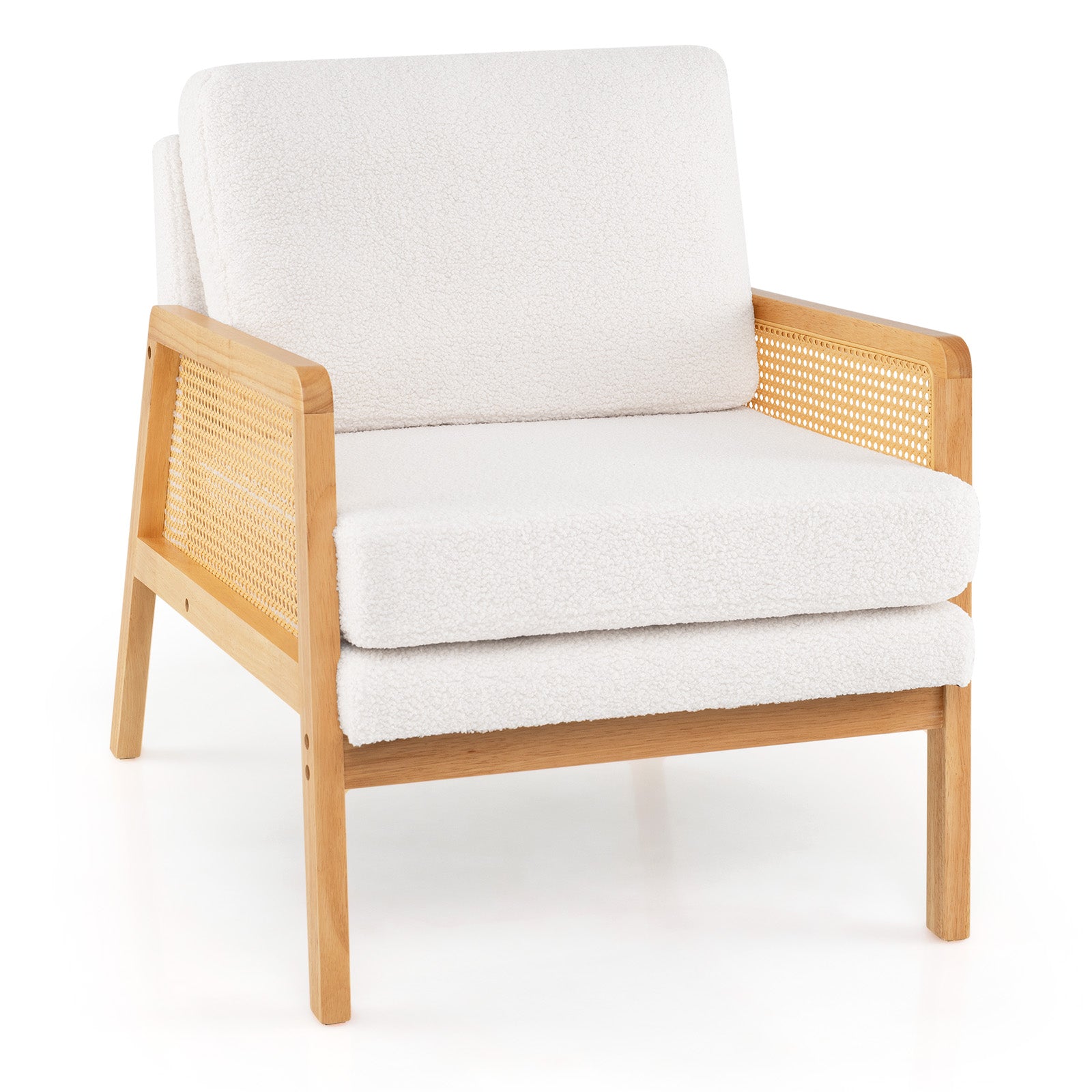 Mid Century Modern Accent Chair with Rattan Arms and Cushion-Brown - Natural