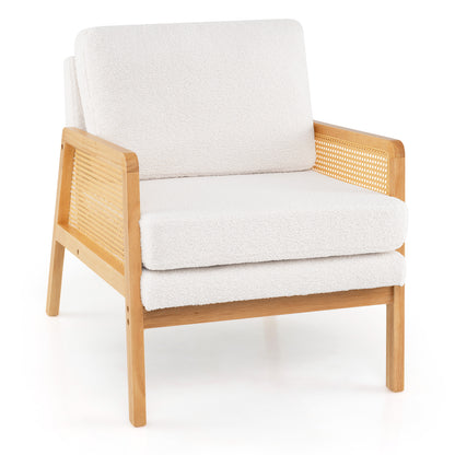 Mid Century Modern Accent Chair with Rattan Arms and Cushion-Brown - Natural