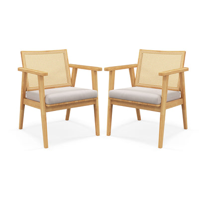 Mid Century Modern Accent Chairs Set of 2 with Breathable Rattan Back-Natural