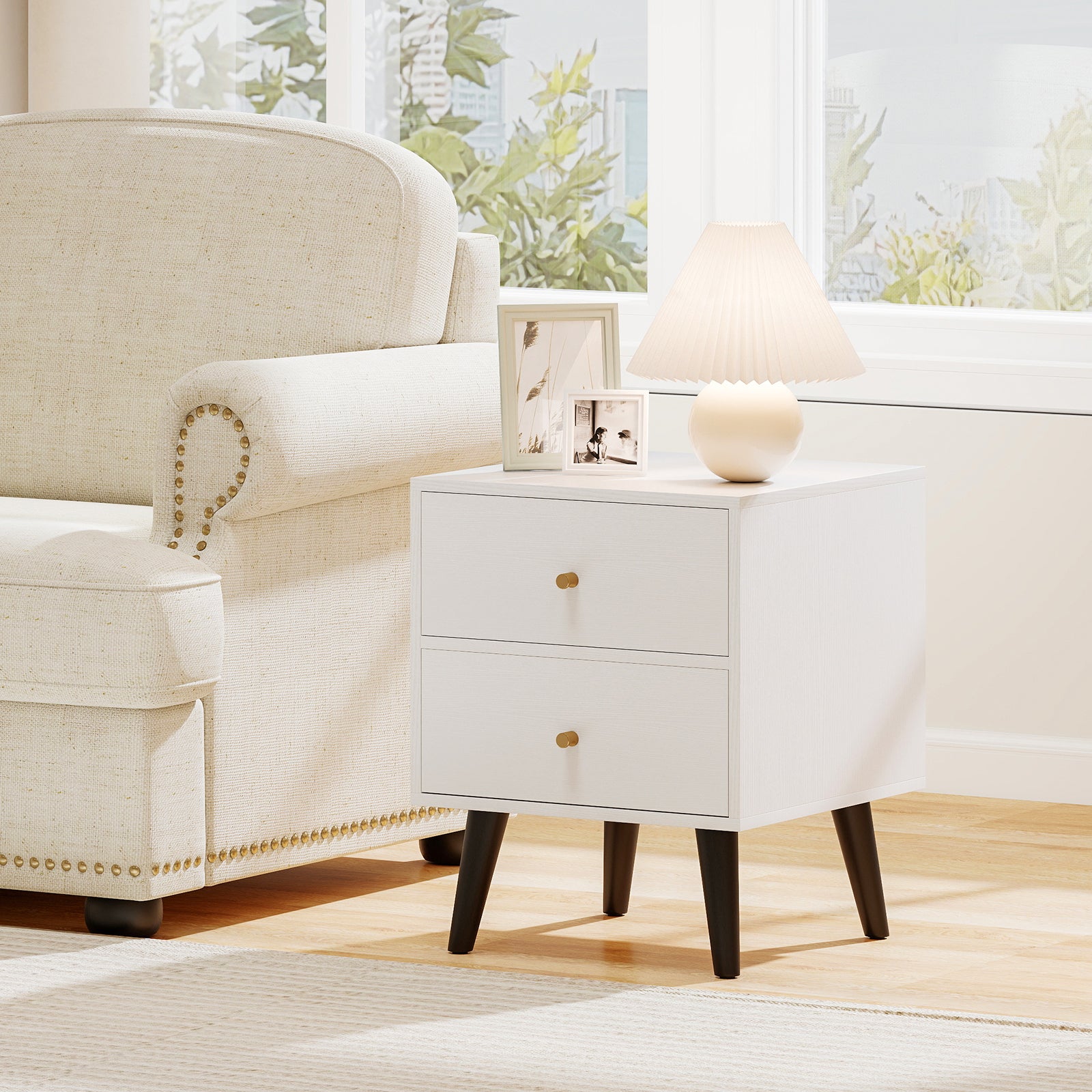 Mid Century Modern Bedside Table Nightstand with Golden Knobs and Raised Support Legs-White