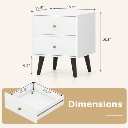 Mid Century Modern Bedside Table Nightstand with Golden Knobs and Raised Support Legs-White