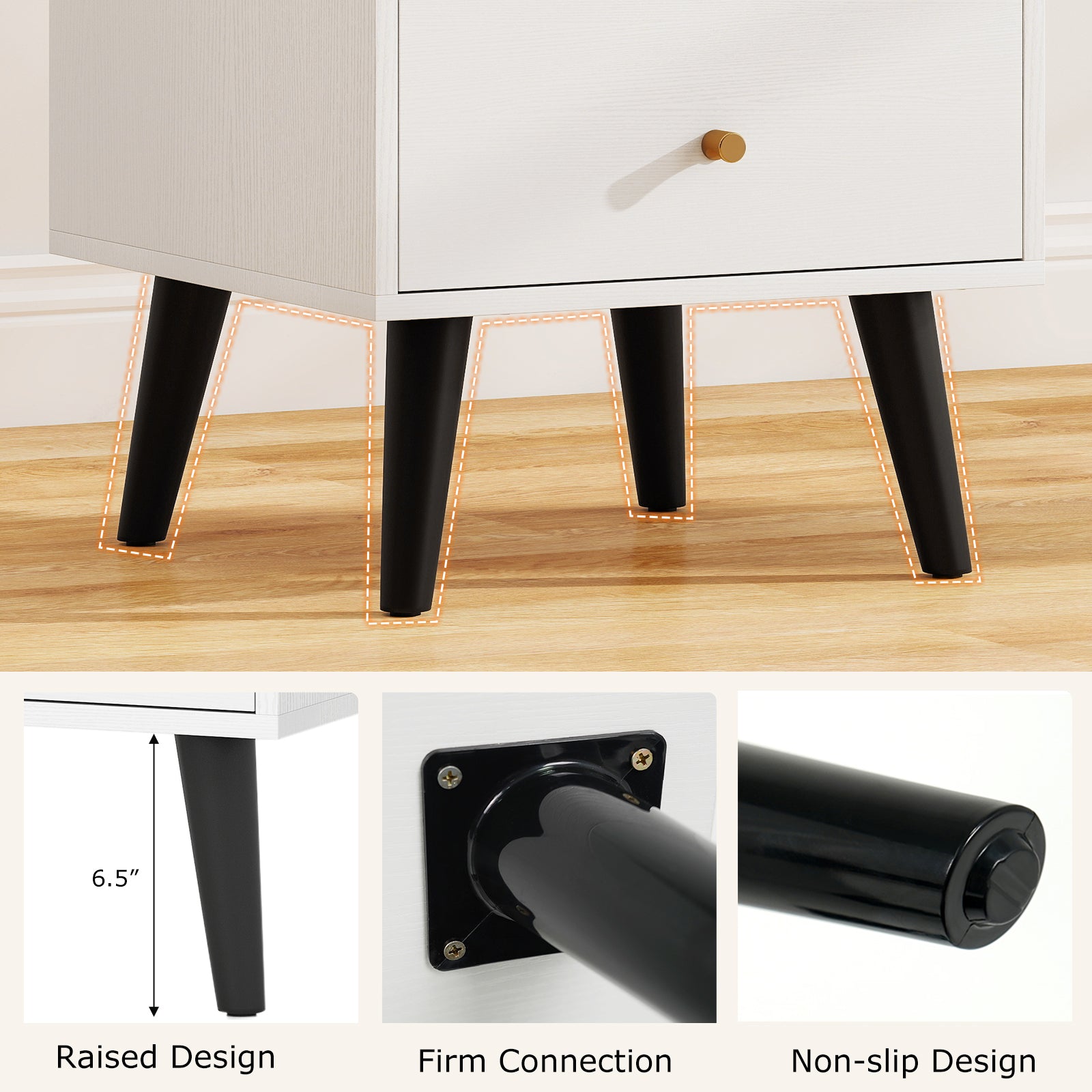 Mid Century Modern Bedside Table Nightstand with Golden Knobs and Raised Support Legs-White