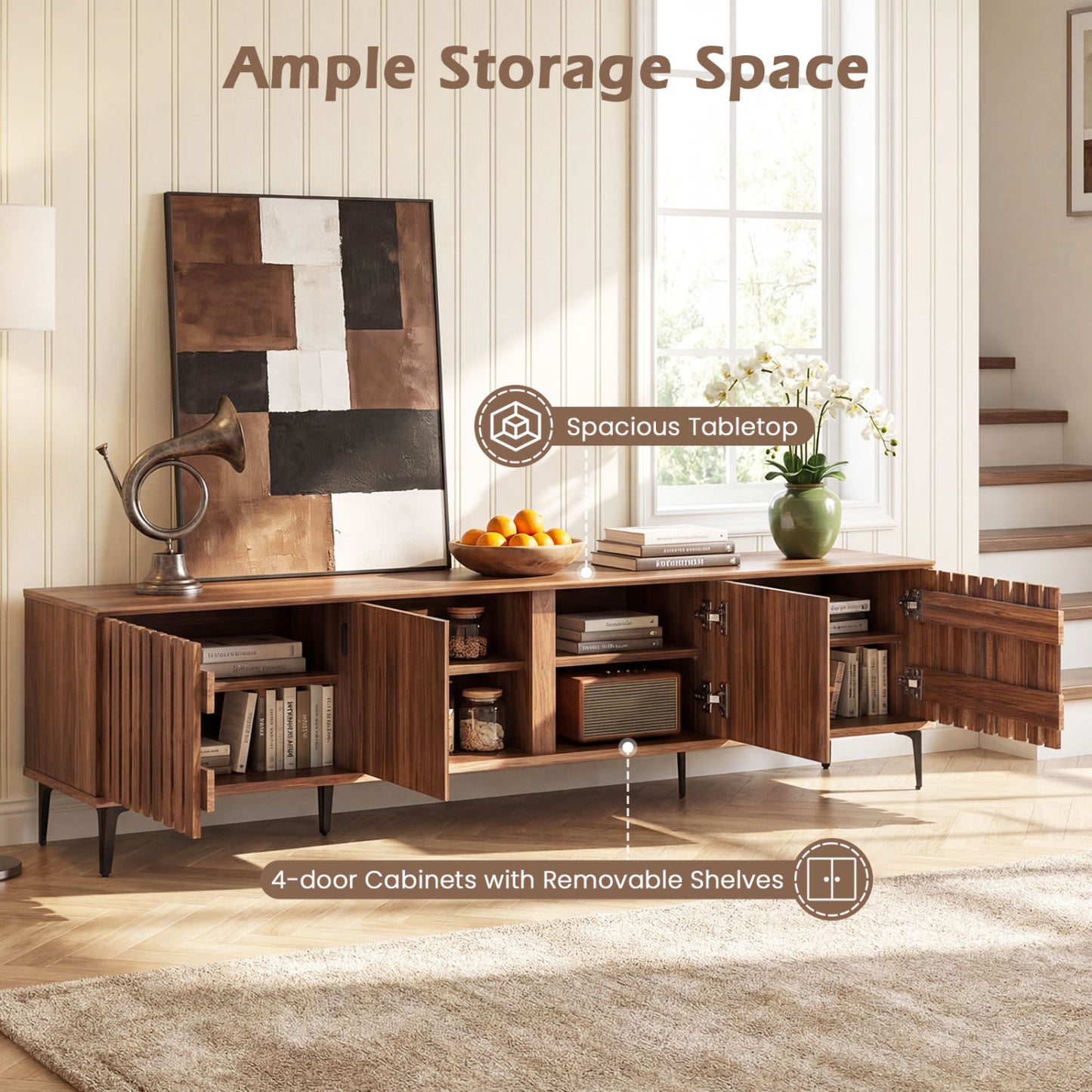 Mid Century Modern Entertainment Center with 4 Storage Cabinets for Living Room