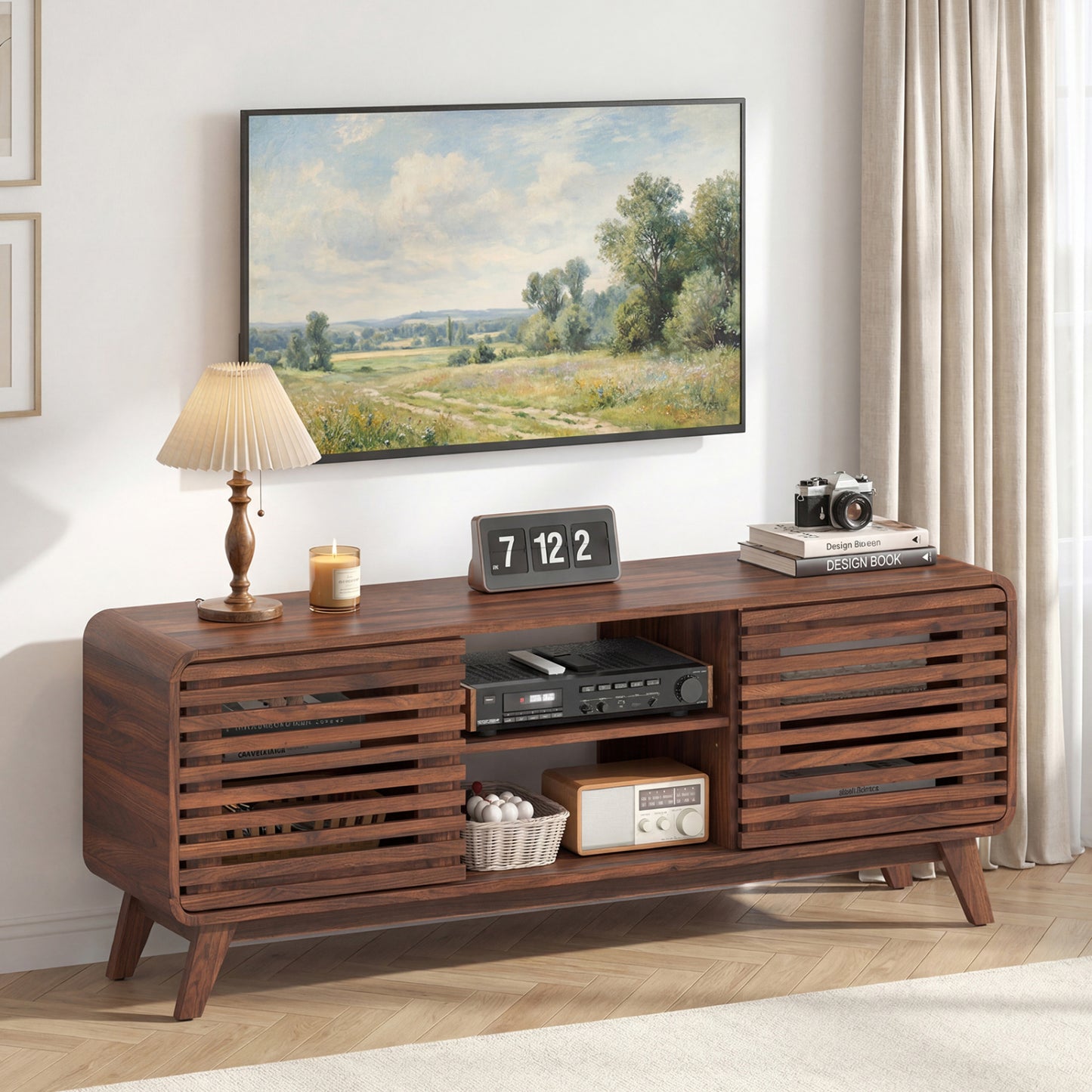 Mid Century Modern Entertainment Center with Grille-style Sliding Doors for Living Room