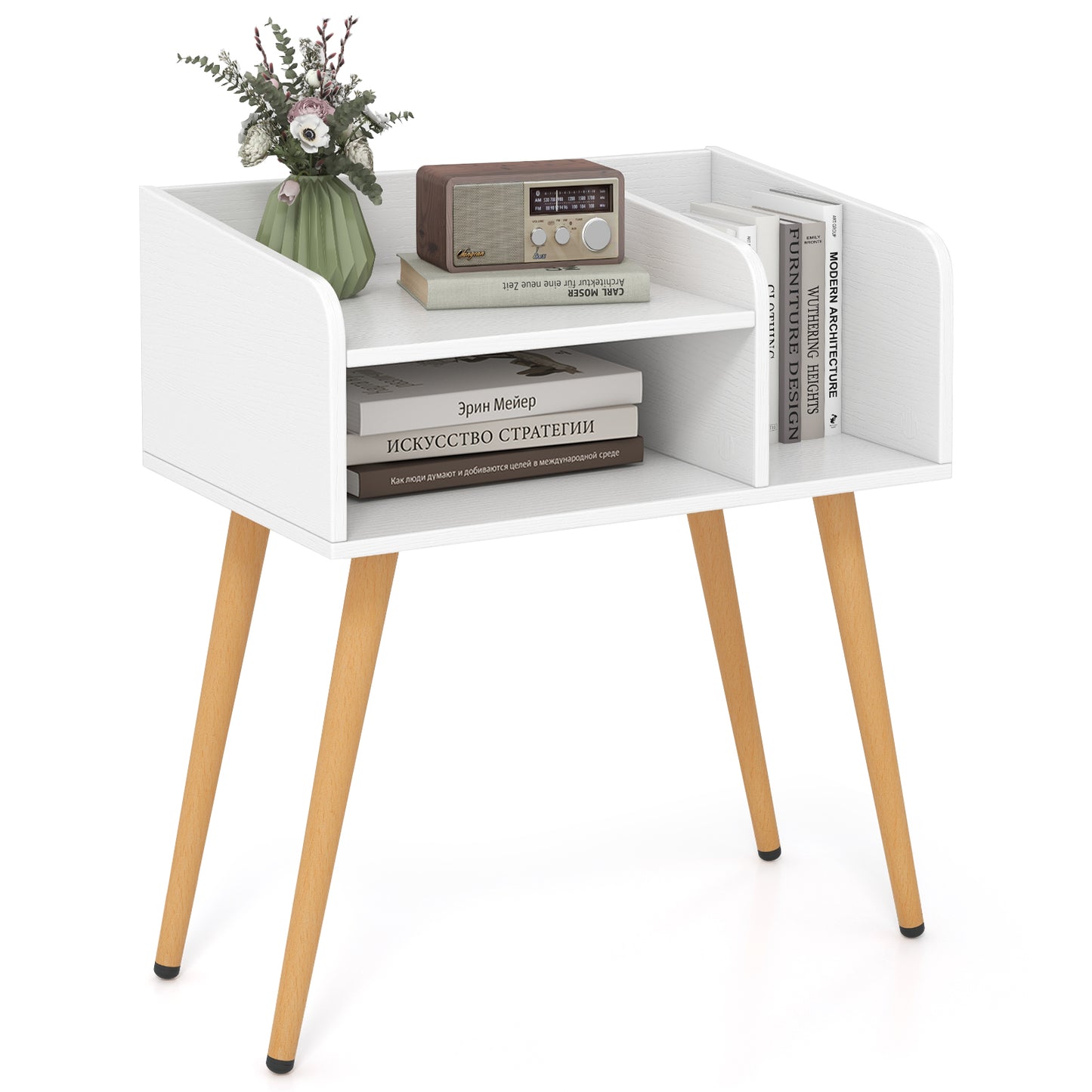 Mid Century Modern Nightstand with Open Shelves-Brown - White