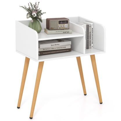 Mid Century Modern Nightstand with Open Shelves-Brown - White