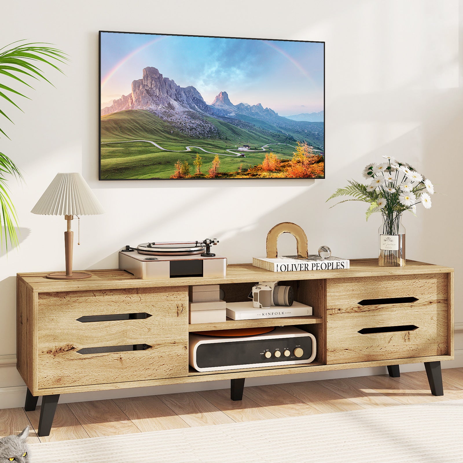Mid Century Modern TV Stand with Sliding Doors and Cable Hole for 65 Inch TVs-Natural