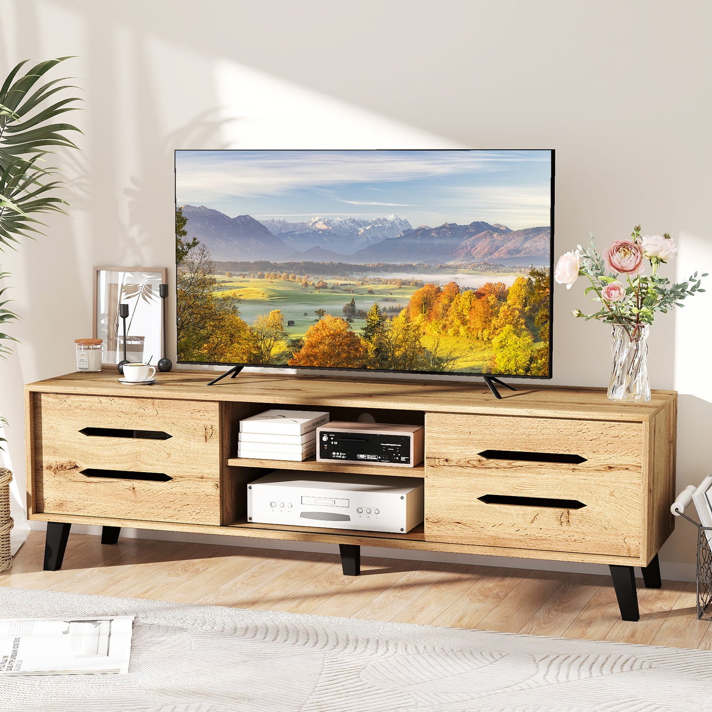 Mid Century Modern TV Stand with Sliding Doors and Cable Hole for 65 Inch TVs-Natural