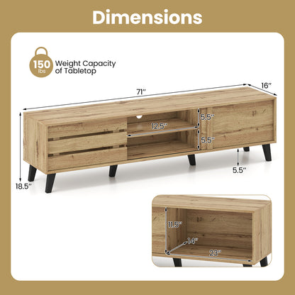 Mid Century Modern TV Stand for 80 Inch TVs with Sliding Door Cabinets and Storage Shelves-Oak