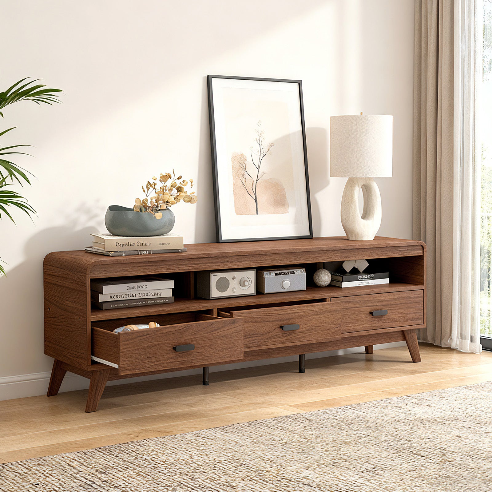 Mid Century Modern TV Stand for TVs up to 70" with 3 Storage Drawers and Open Shelves-Walnut