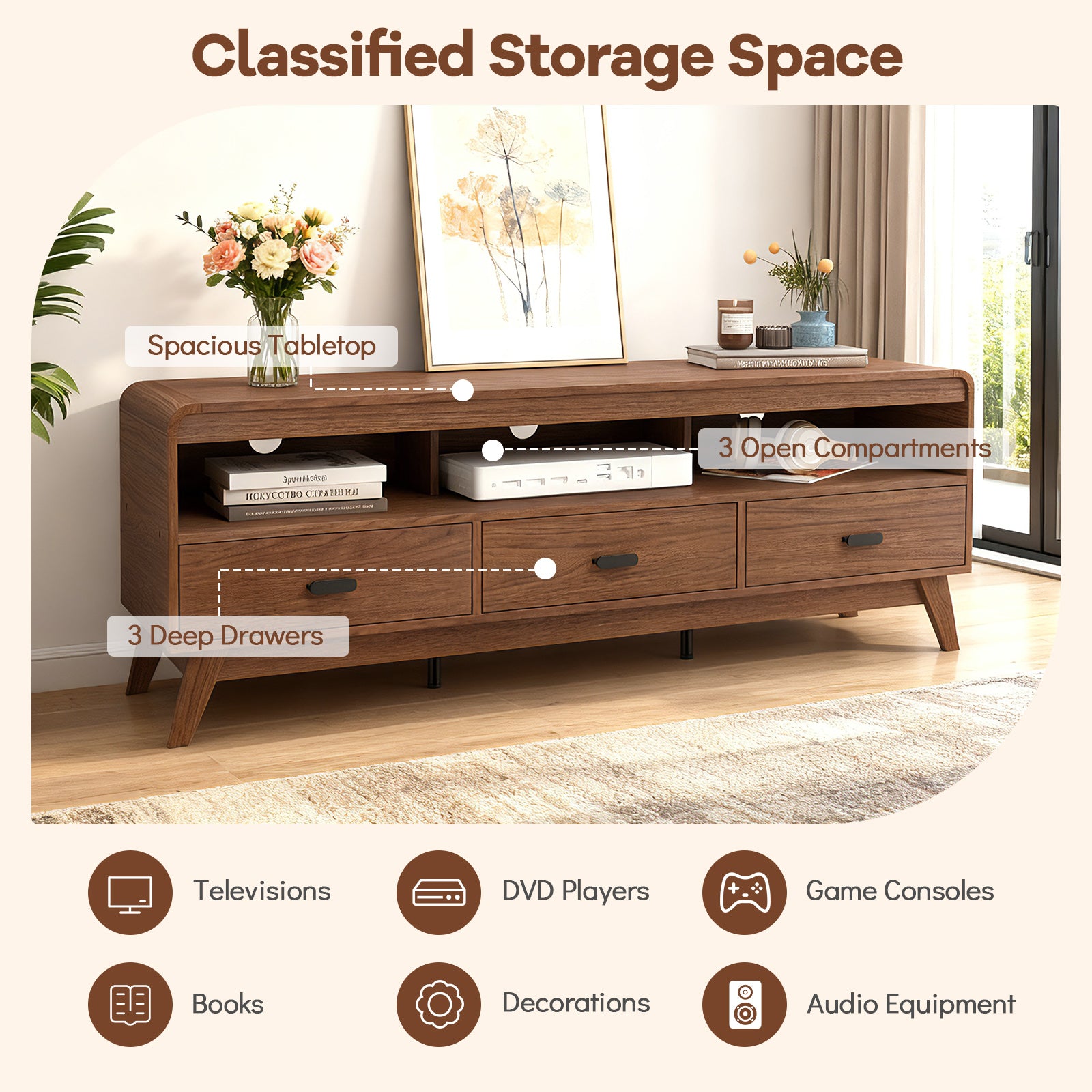 Mid Century Modern TV Stand for TVs up to 70" with 3 Storage Drawers and Open Shelves-Walnut