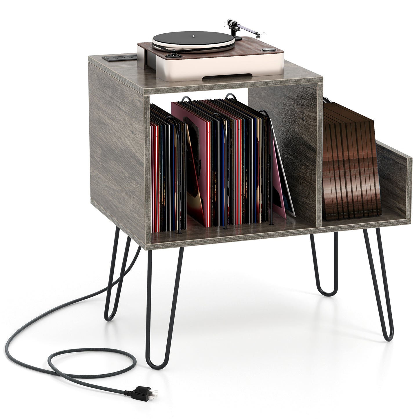 Mid-century Record Player Stand with Power Outlet and Vinyl Divider-Rustic Brown - Gray