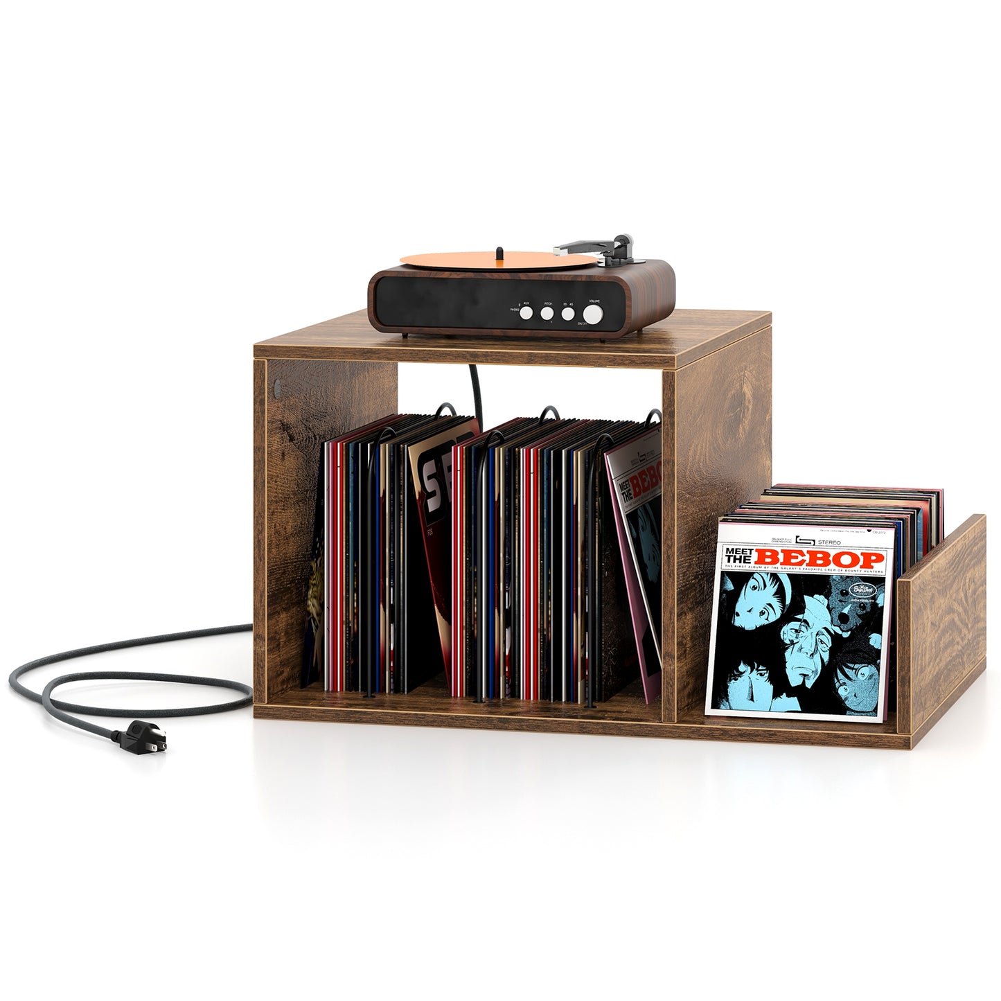 Mid-century Record Player Stand with Power Outlet and Vinyl Divider