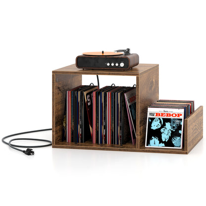 Mid-century Record Player Stand with Power Outlet and Vinyl Divider