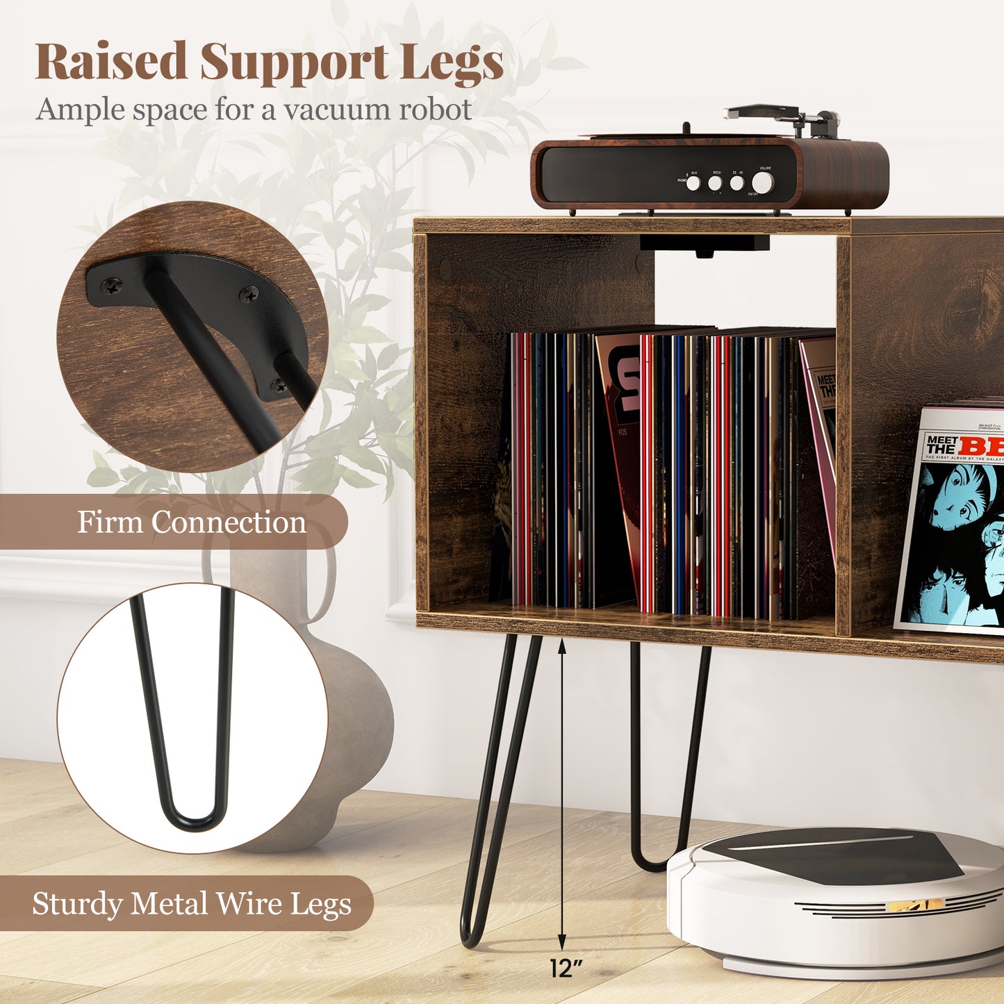 Mid-century Record Player Stand with Power Outlet and Vinyl Divider