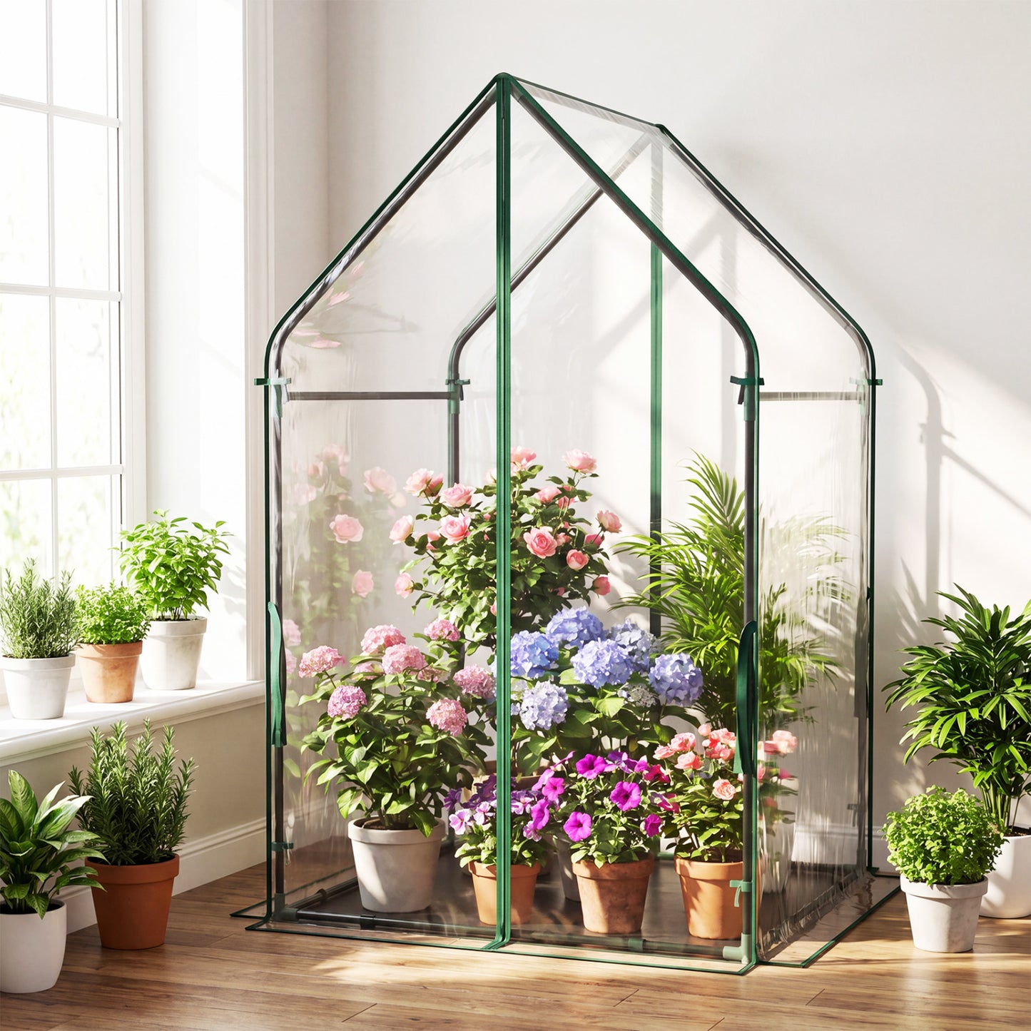 Mini Green House Metal Frame with Waterproof Bottom Mat and Wind Ropes
