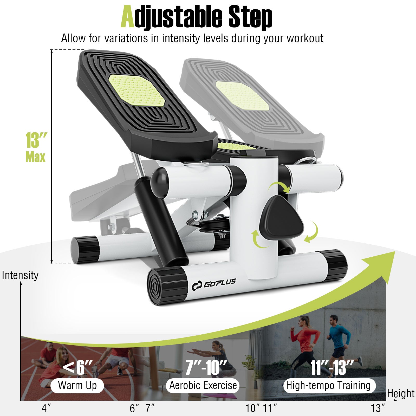 Mini Stepper with Resistance Bands and Adjustable Height for Exercise at Home-Black - White