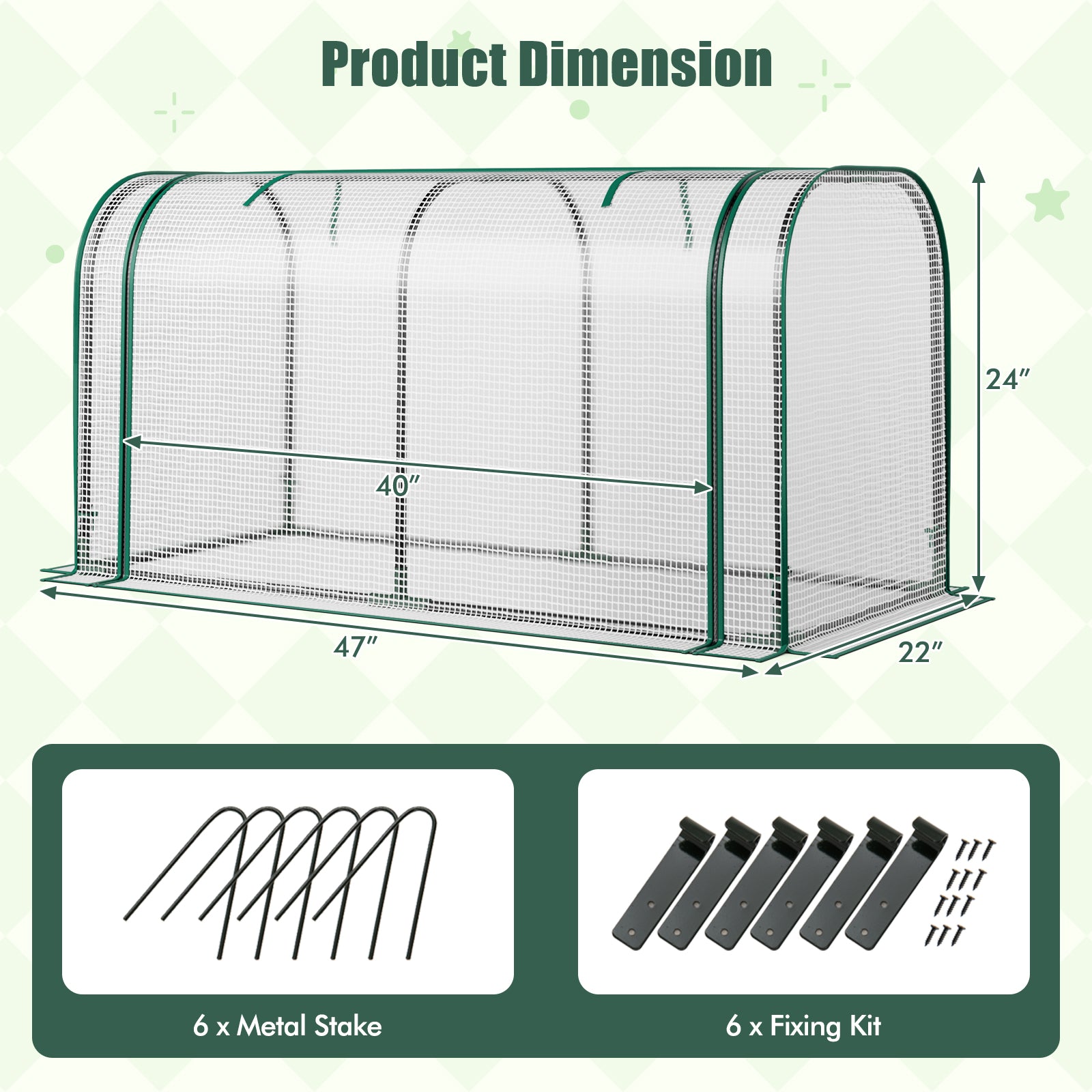 Mini Tunnel Greenhouse with Roll-up Zipper Door-Green - White