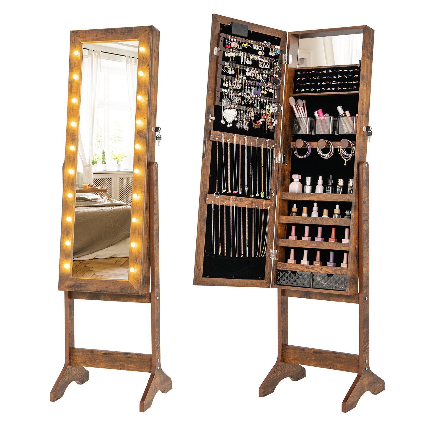 Mirror Jewelry Cabinet with 20 Warm Lights and 4 Tilt Angles-Rustic Brown - Rustic Brown