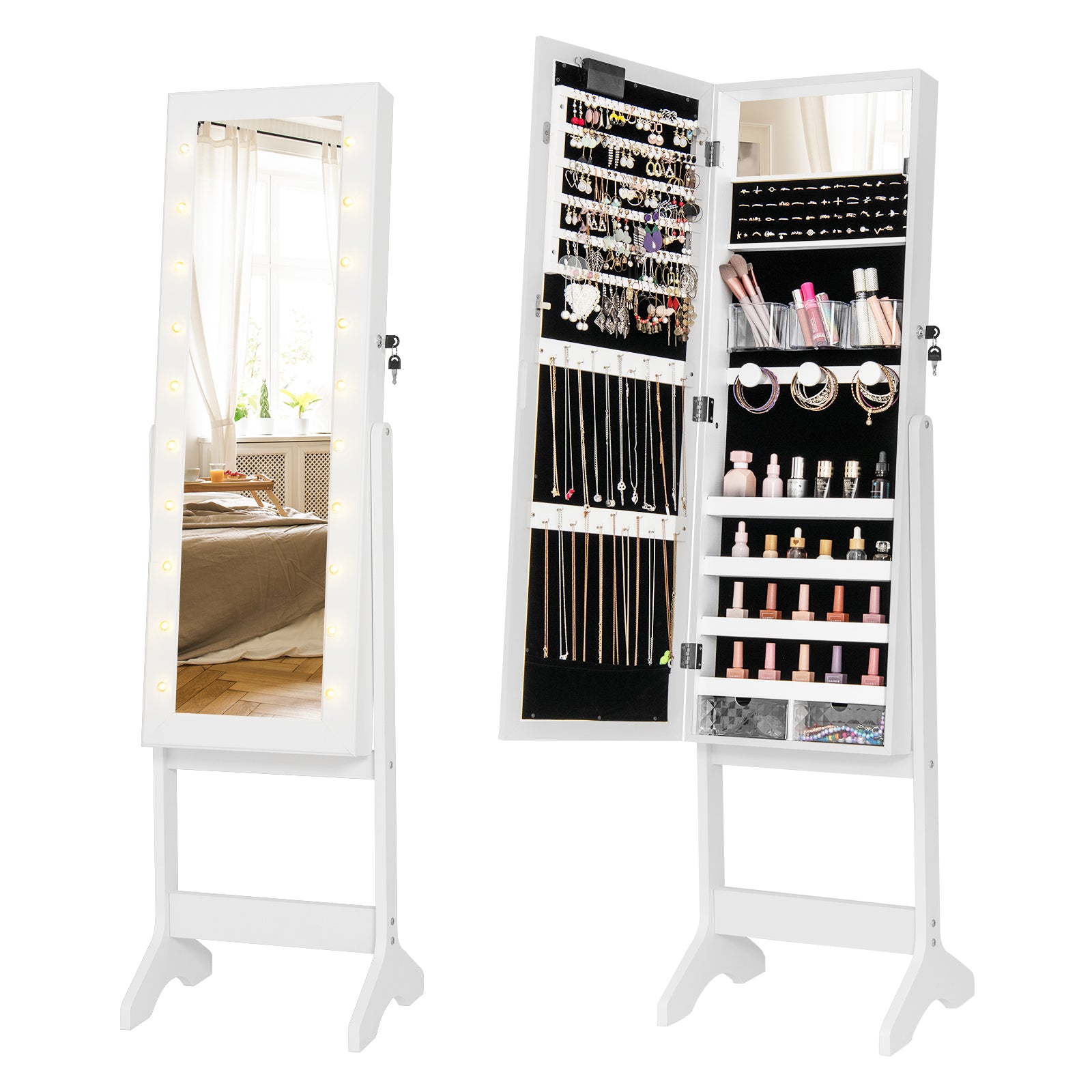 Mirror Jewelry Cabinet with 20 Warm Lights and 4 Tilt Angles-Rustic Brown - White