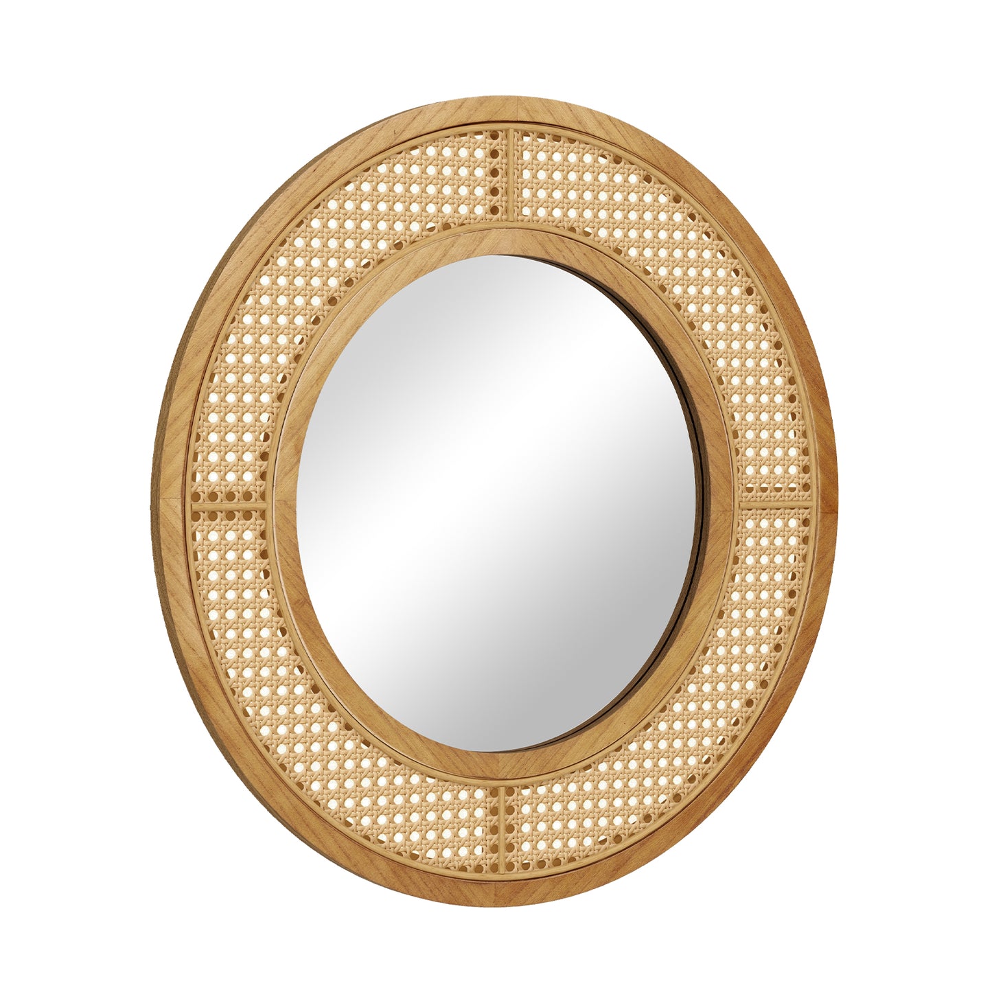 25.5 Inch Bohemian Round Wall Mounted Decorative Mirror with Wooden Frame-Natural