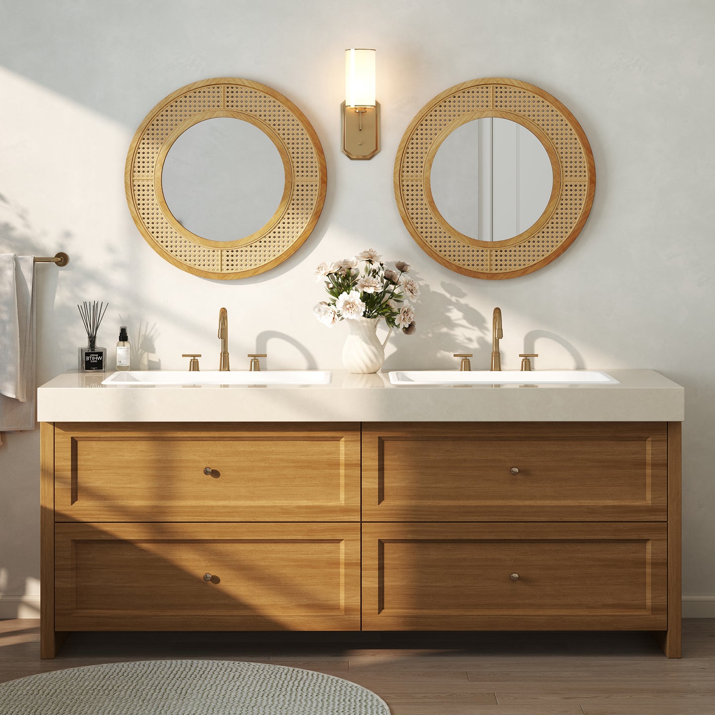 25.5 Inch Bohemian Round Wall Mounted Decorative Mirror with Wooden Frame-Natural
