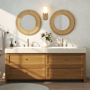 25.5 Inch Bohemian Round Wall Mounted Decorative Mirror with Wooden Frame-Natural