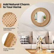 25.5 Inch Bohemian Round Wall Mounted Decorative Mirror with Wooden Frame-Natural