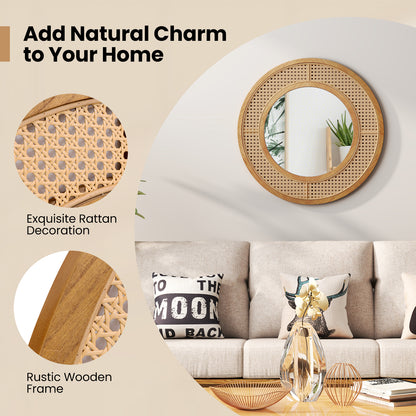 25.5 Inch Bohemian Round Wall Mounted Decorative Mirror with Wooden Frame-Natural
