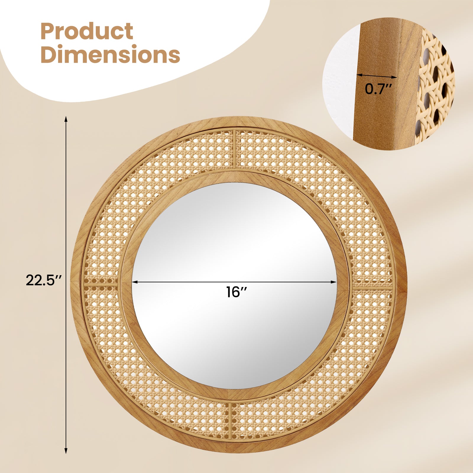 25.5 Inch Bohemian Round Wall Mounted Decorative Mirror with Wooden Frame-Natural