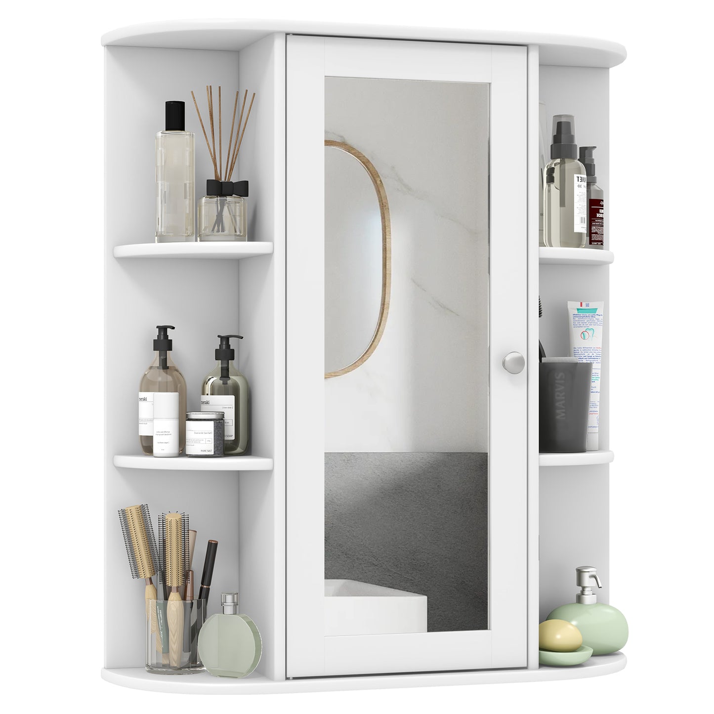 Mirrored Bathroom Medicine Cabinet with Single Mirror Door and Adjustable Shelf-White - White