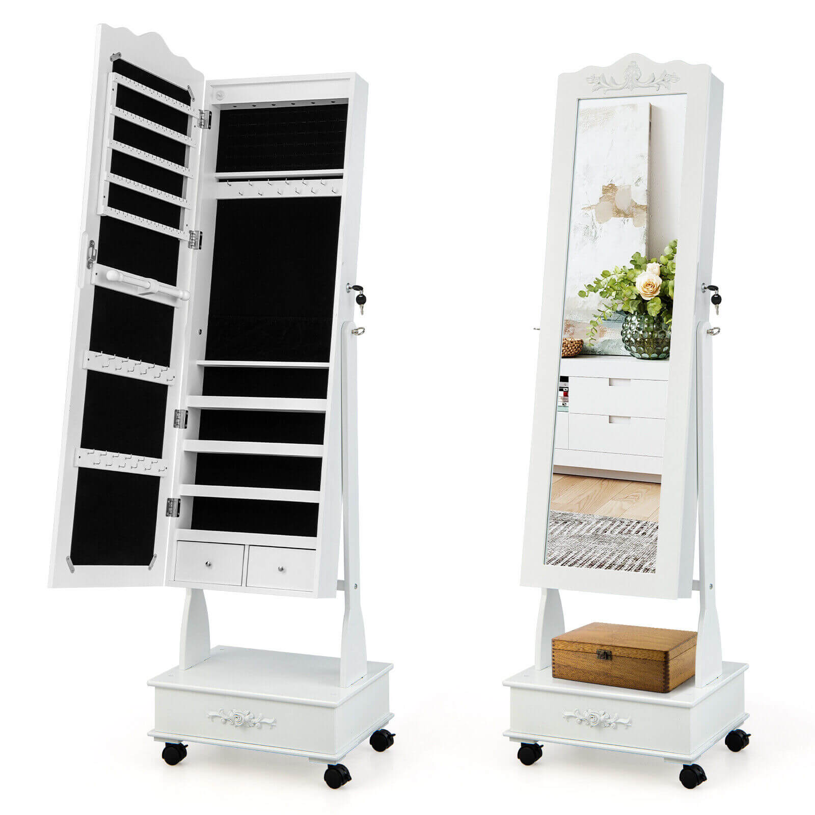Rolling Floor Standing Mirrored Jewelry Armoire with Lock and Drawers-Brown - White