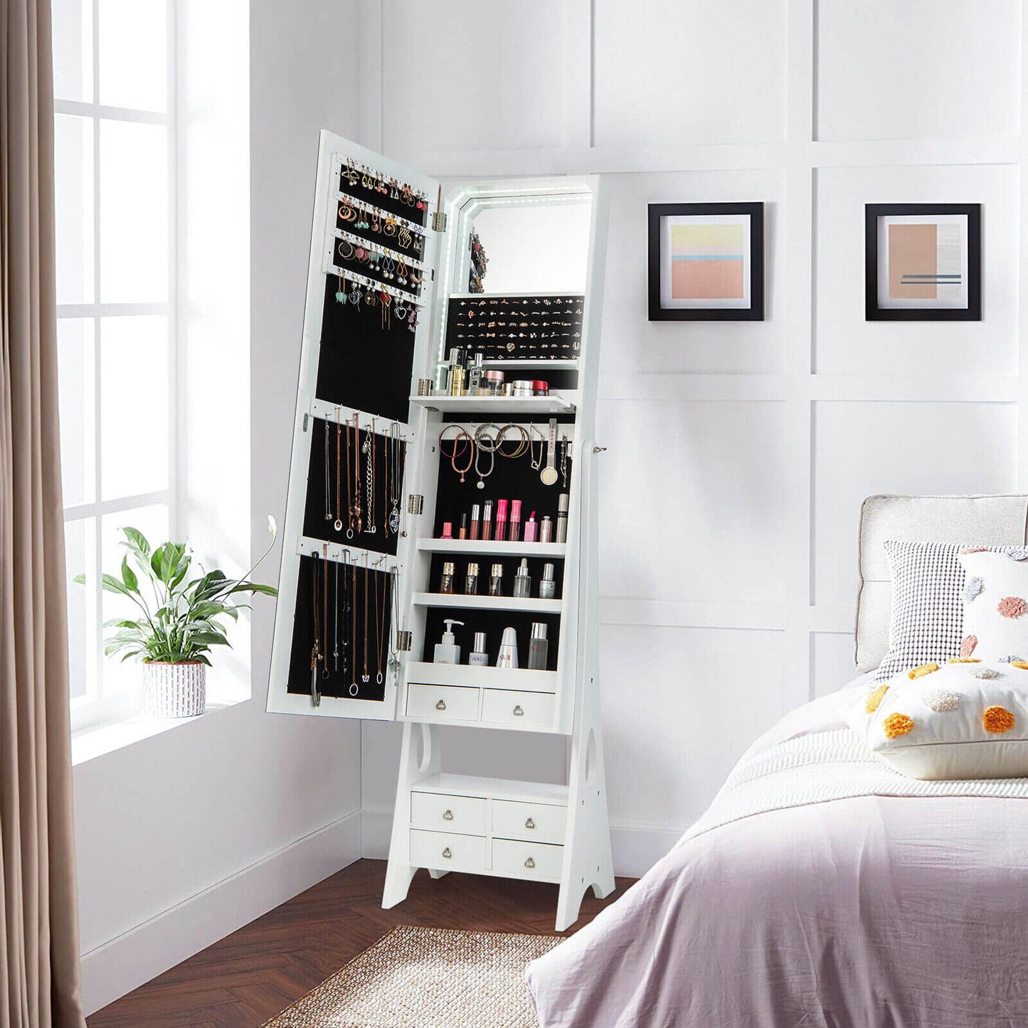 Freestanding Full Length LED Mirrored Jewelry Armoire with 6 Drawers