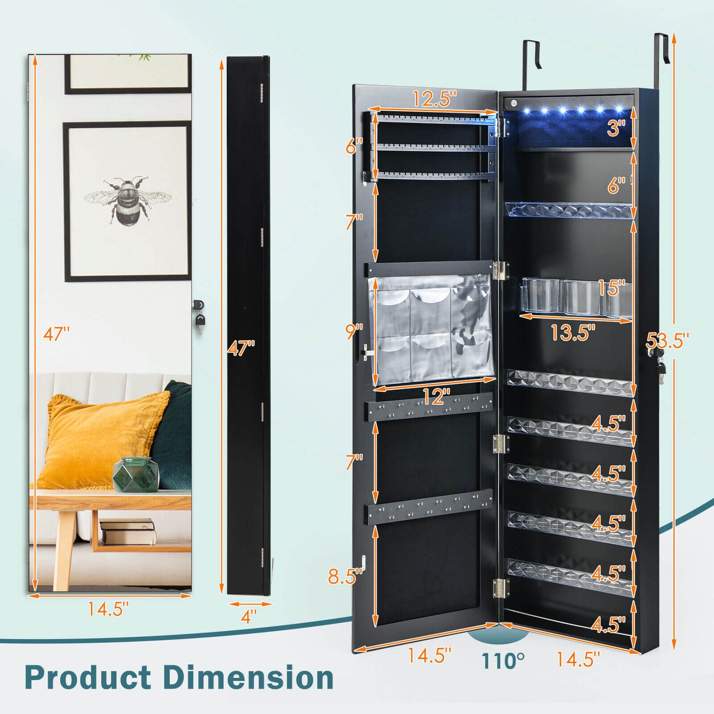 Wall Door Mounted Jewelry Armoire with Frameless LED Mirror-Black