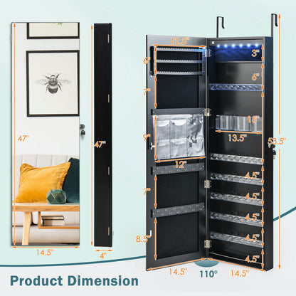 Wall Door Mounted Jewelry Armoire with Frameless LED Mirror-Black