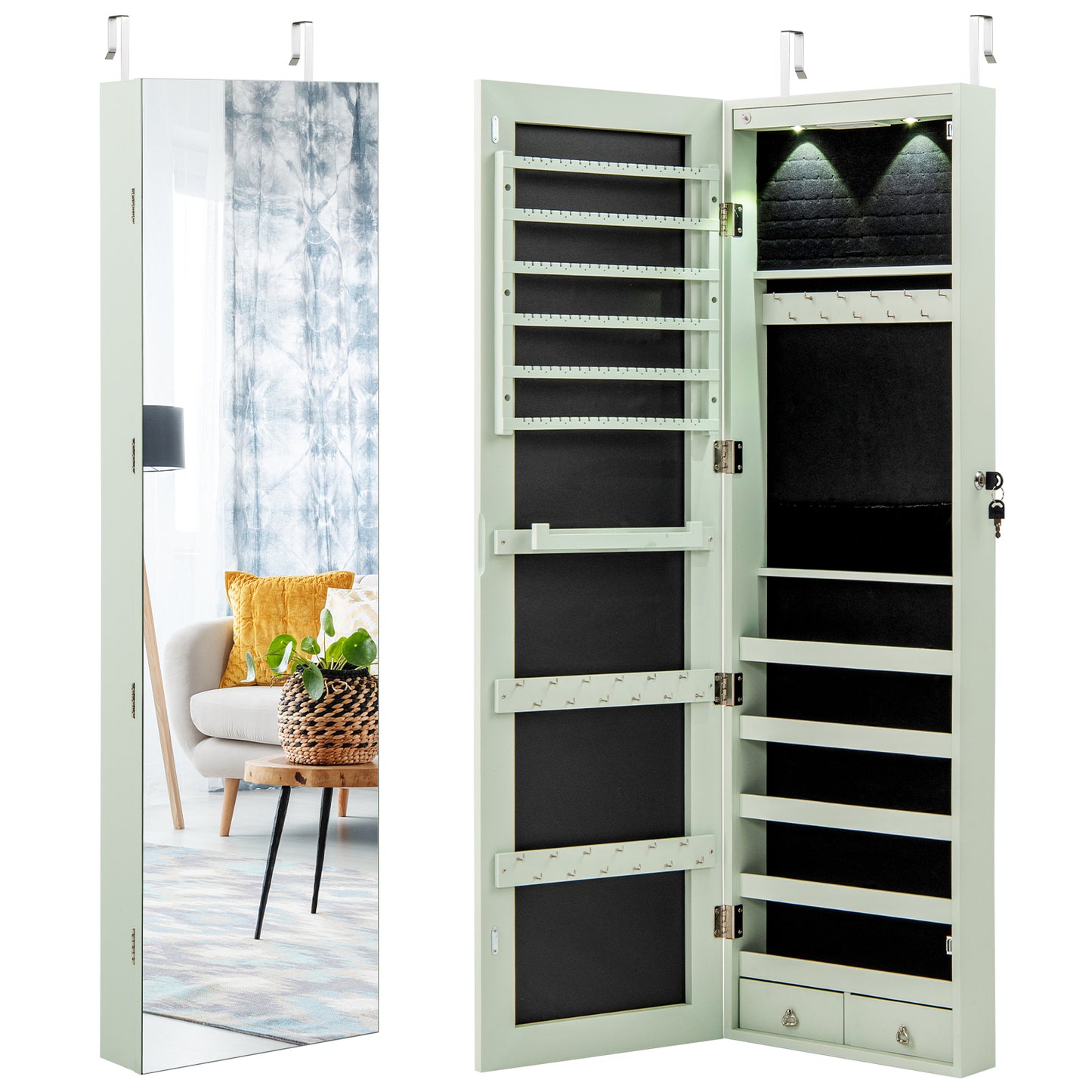 Wall and Door Mounted Mirrored Jewelry Cabinet with Lights-Navy - Green