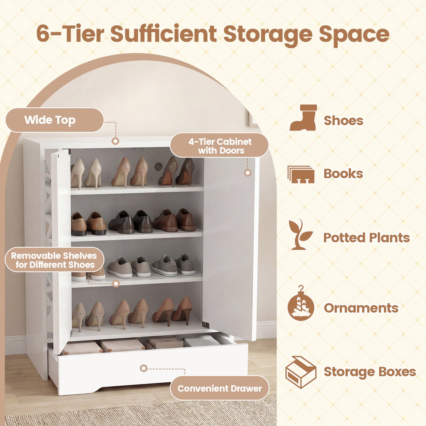 Mirrored Shoe Cabinet 4-Tier Shoe Organizer with Large Drawer-White