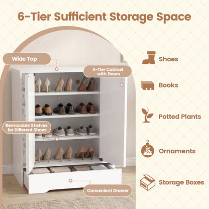 Mirrored Shoe Cabinet 4-Tier Shoe Organizer with Large Drawer-White